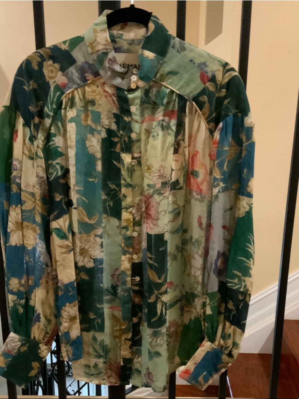 Alemais Floral Striped Silk Button-Up Blouse in Green and Teal